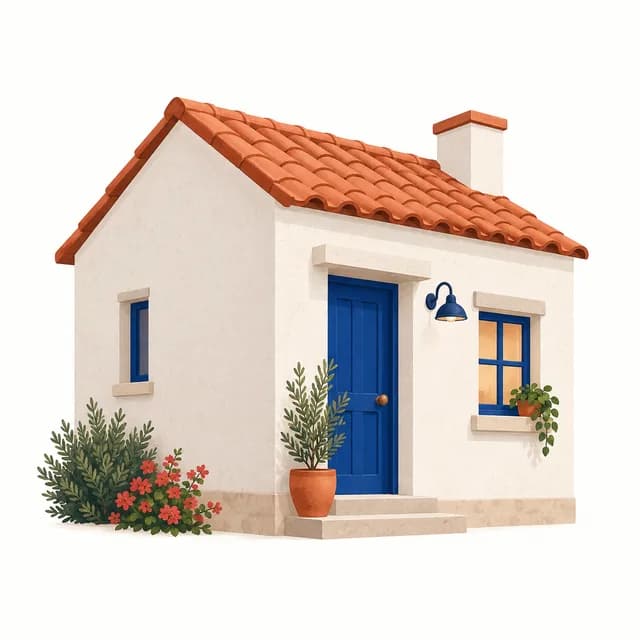 A small white house with a blue door